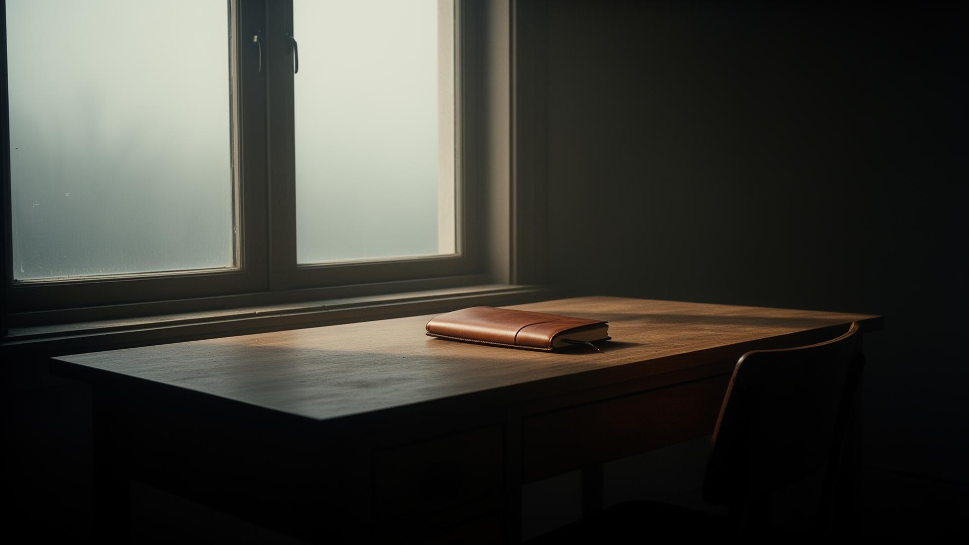 Ein leerer Stuhl an einem Schreibtisch mit ungeöffnetem Notizbuch, sanftes Licht fällt durch ein nebliges Fenster.